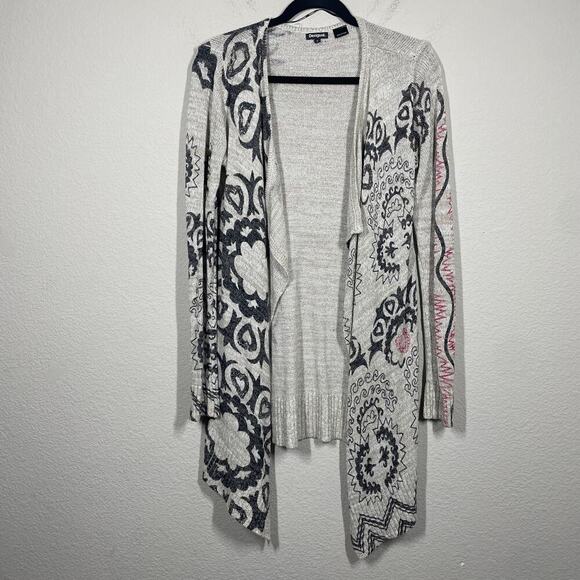 Desigual Small Boho Duster Cardigan Tan Geometric Heart Print Open Front - Picture 2 of 11
